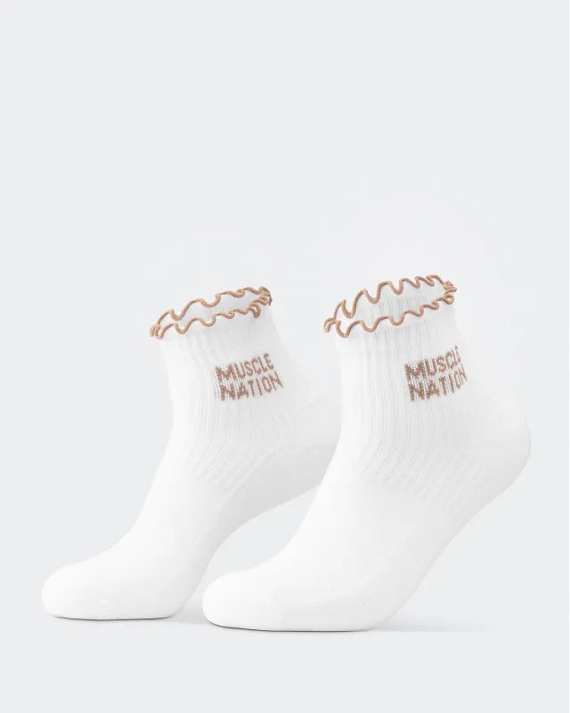 Ruffle Quarter Crew Socks - White / Stone made by Muscle Nation
