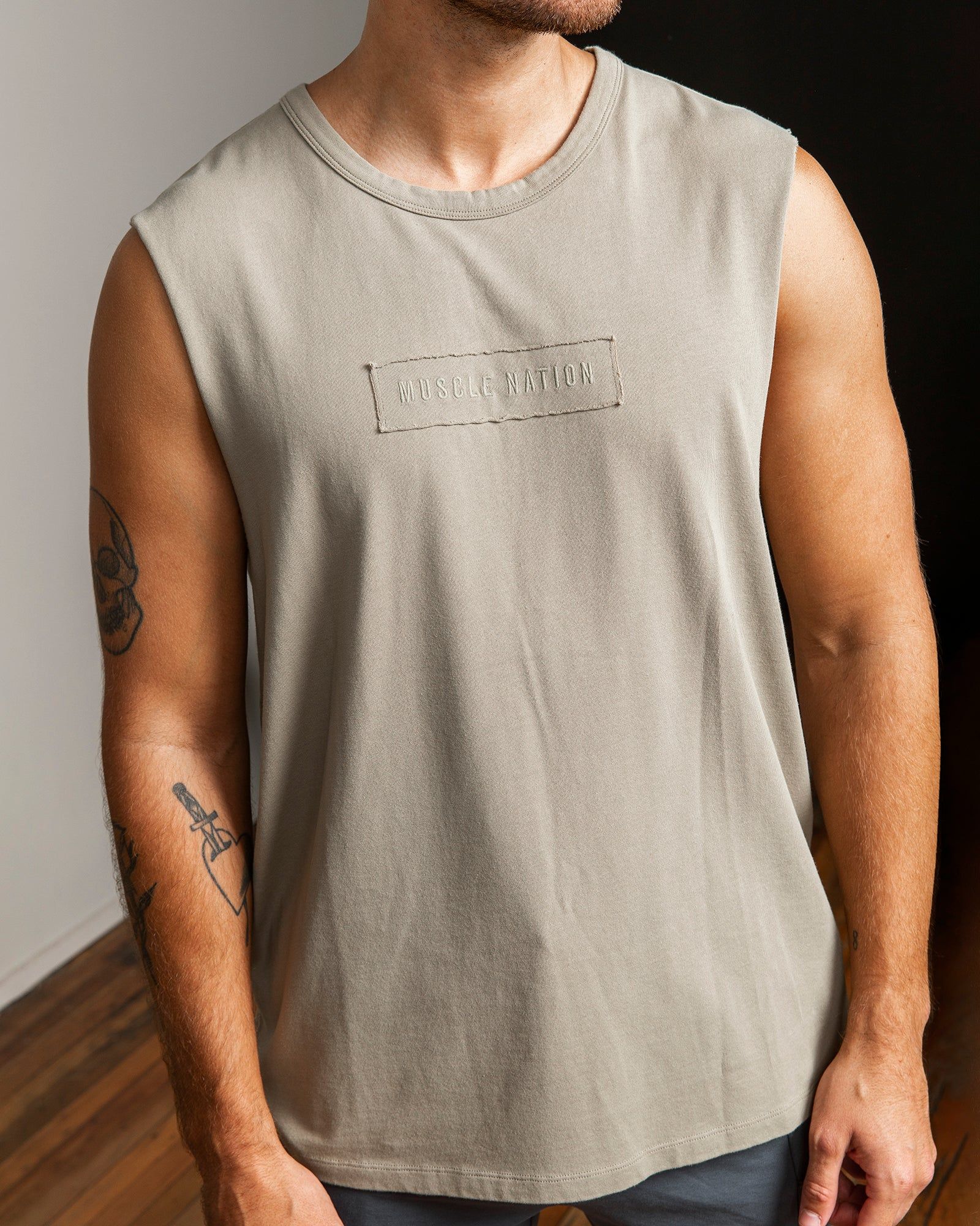 Vitalise Heavy Vintage Tank - Washed Pale Khaki sold by Muscle Nation