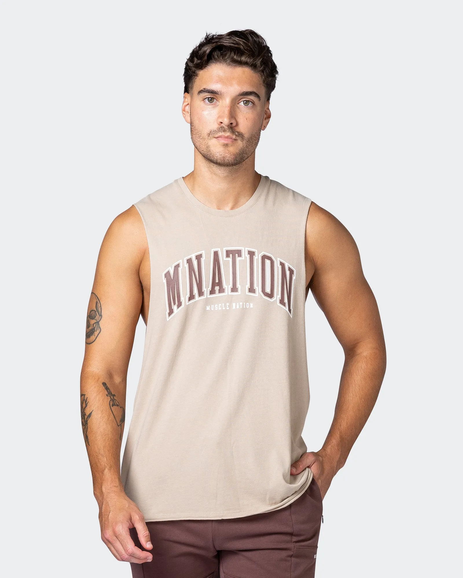 MNation Varsity Drop Arm Vintage Tank - Washed Bone sold by Muscle Nation