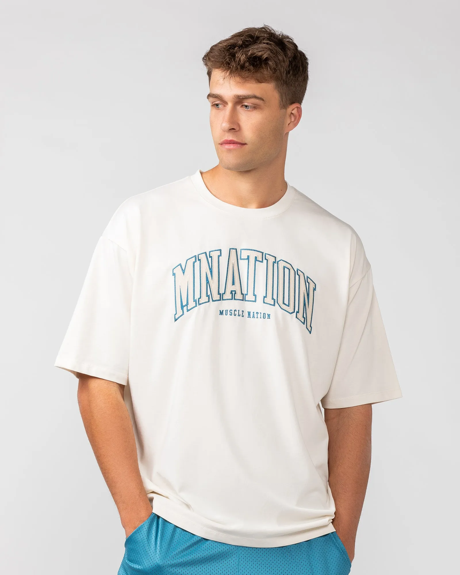 Varsity Oversized Tee - Travertine sold by Muscle Nation