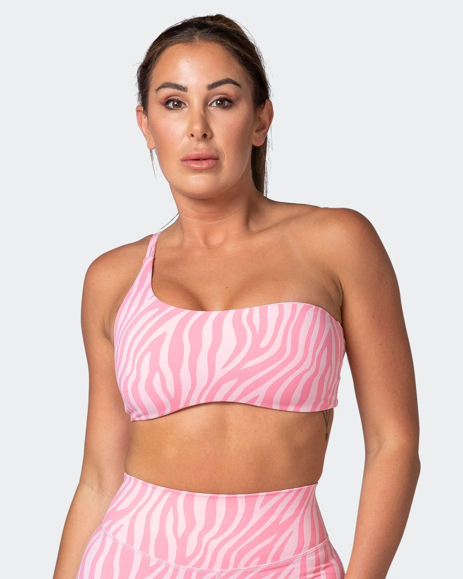 Movement One Shoulder Bralette - Strawberry Zebra Print sold by Muscle Nation