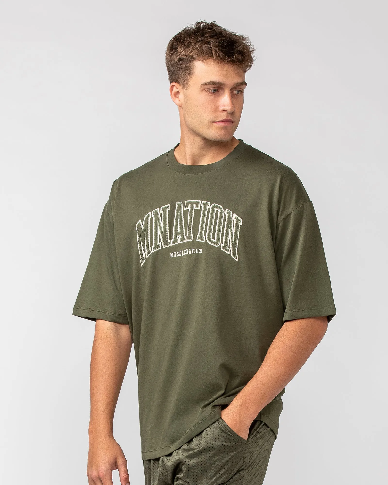 Varsity Oversized Tee - Dark Khaki sold by Muscle Nation product image thumbnail 3