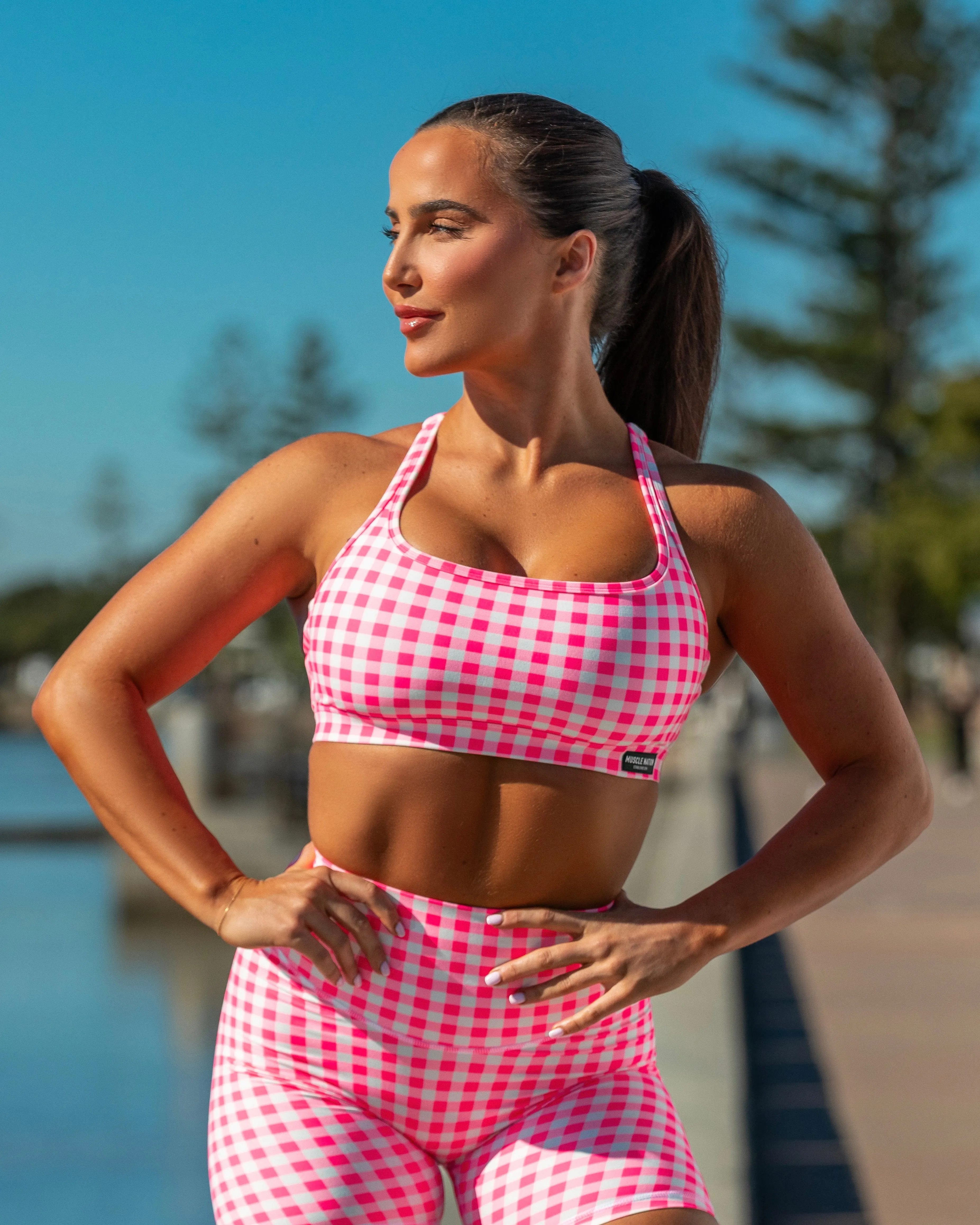 Desire Aura Bra - Neon Pink Gingham Print sold by Muscle Nation