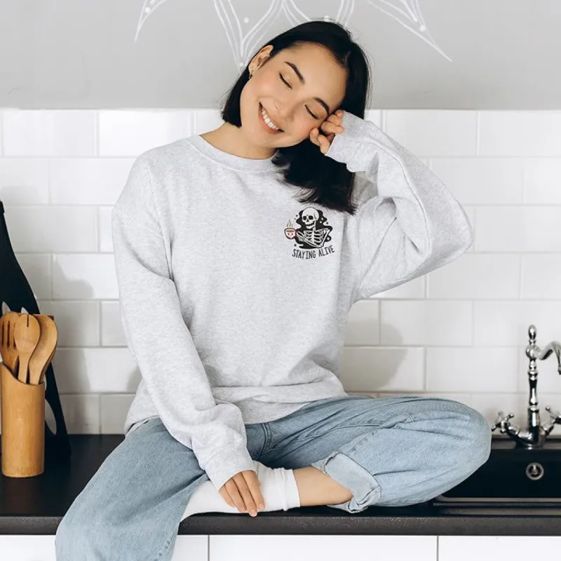 Staying Alive Embroidered Coffee Crewneck Sweatshirt (Wholesale) sold by Ally and Rae