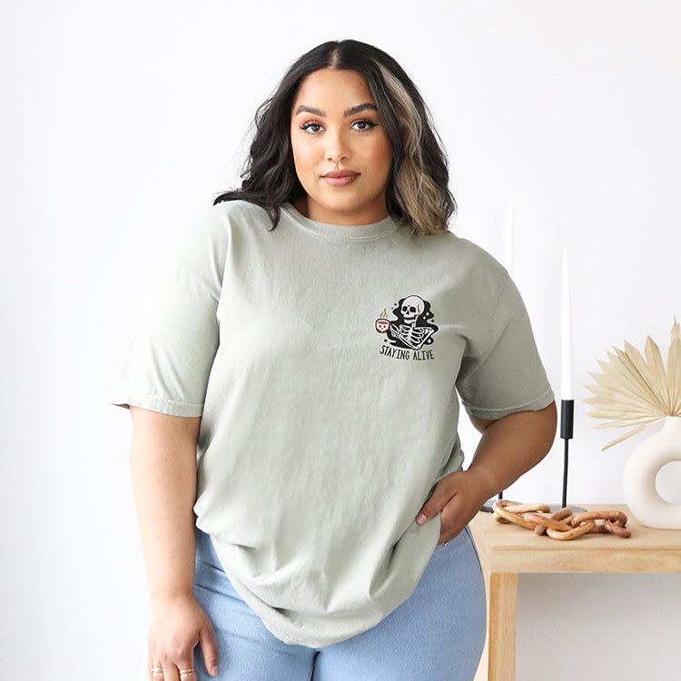 Staying Alive Embroidered Coffee Graphic Tee (Wholesale) sold by Ally and Rae product image thumbnail 2