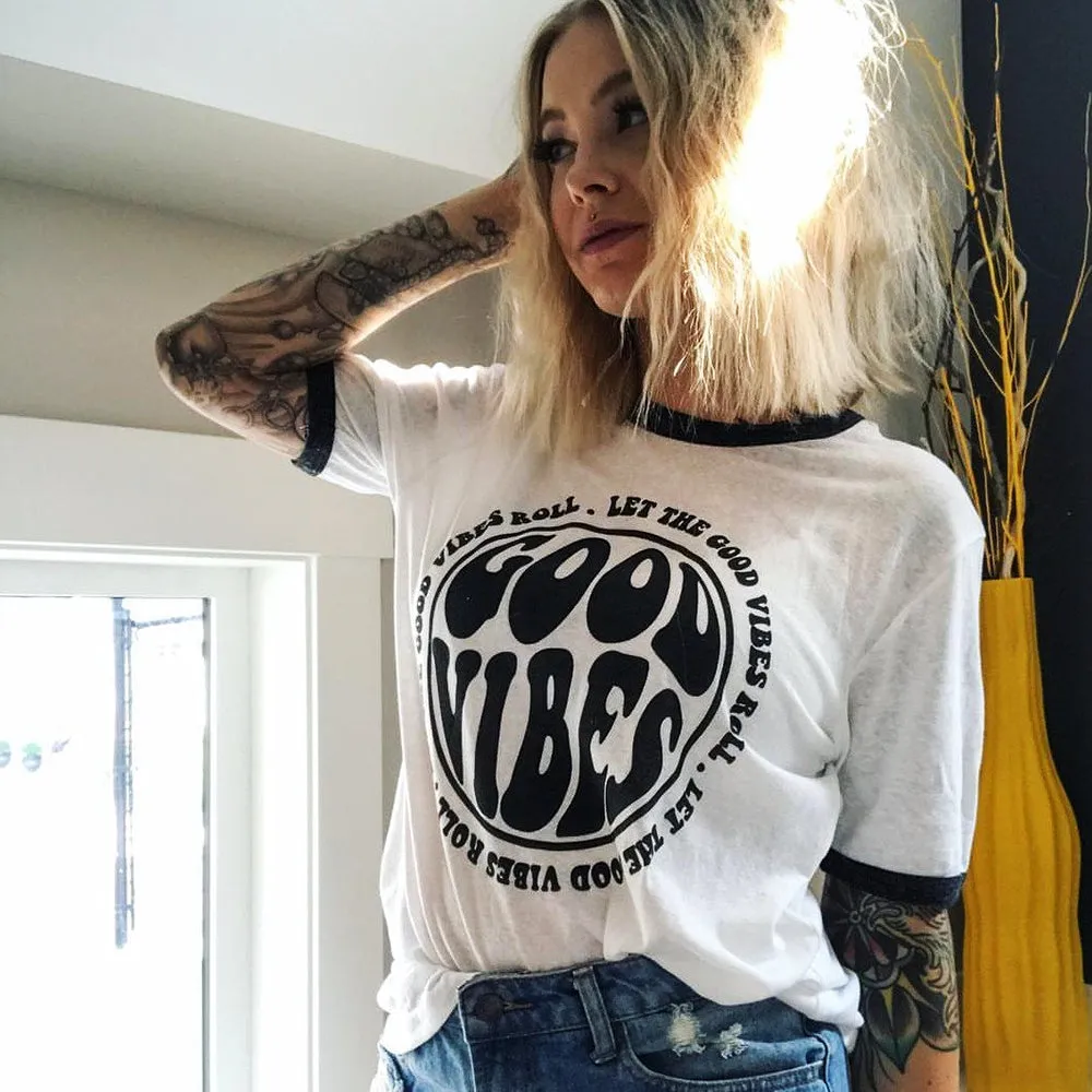 Good Vibes Ringer Tee Shirt (Wholesale) sold by Alley and Rae product image thumbnail 4