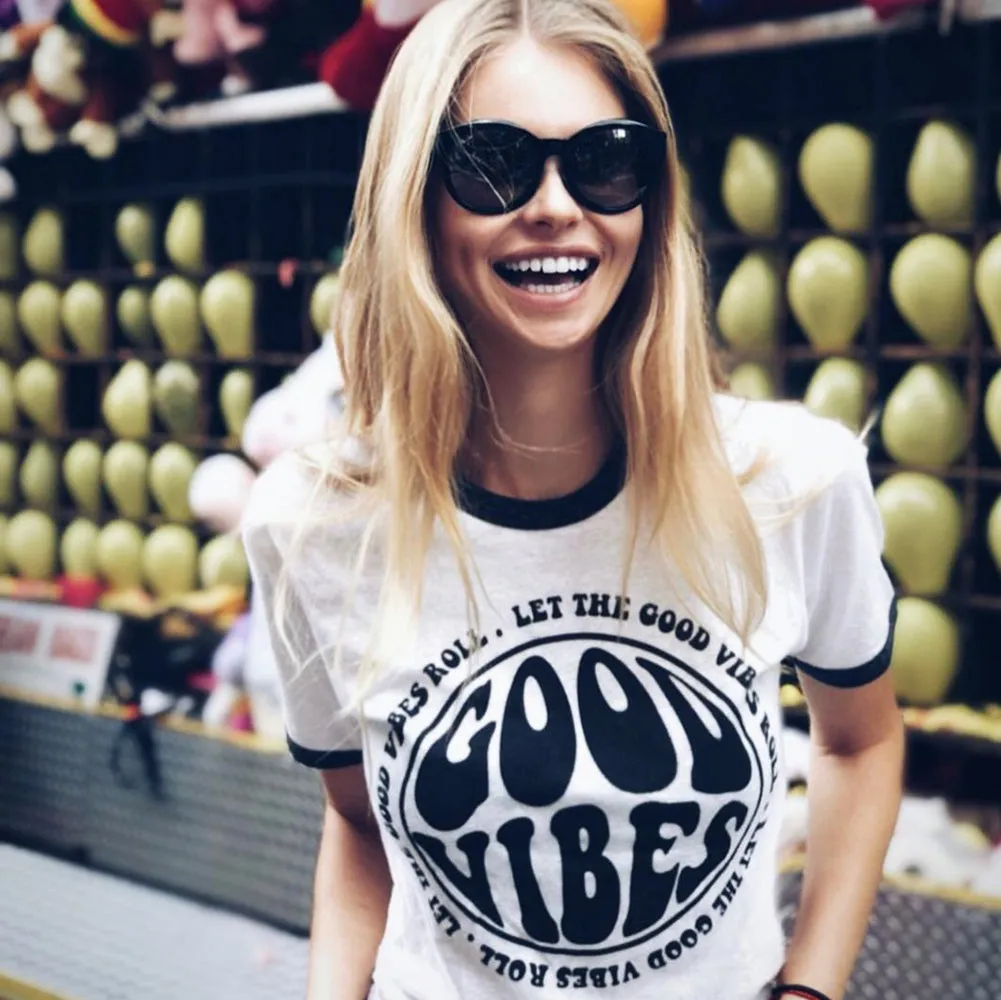 Good Vibes Ringer Tee Shirt (Wholesale) sold by Alley and Rae product image thumbnail 2