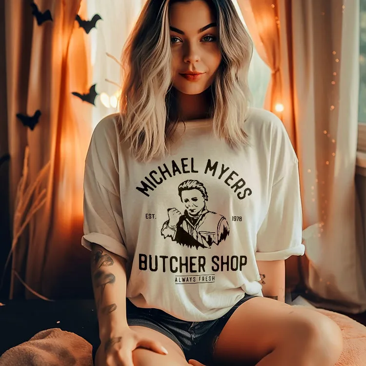 Michael Myers Butcher Shop Heavyweight Halloween Tee sold by Alley and Rae