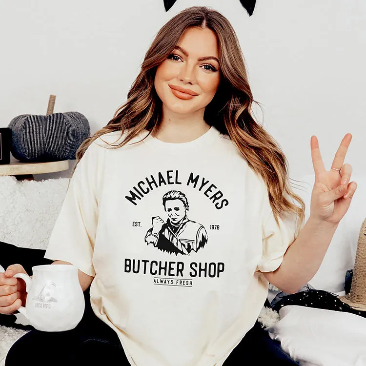 Michael Myers Butcher Shop Heavyweight Halloween Tee sold by Alley and Rae product image thumbnail 4
