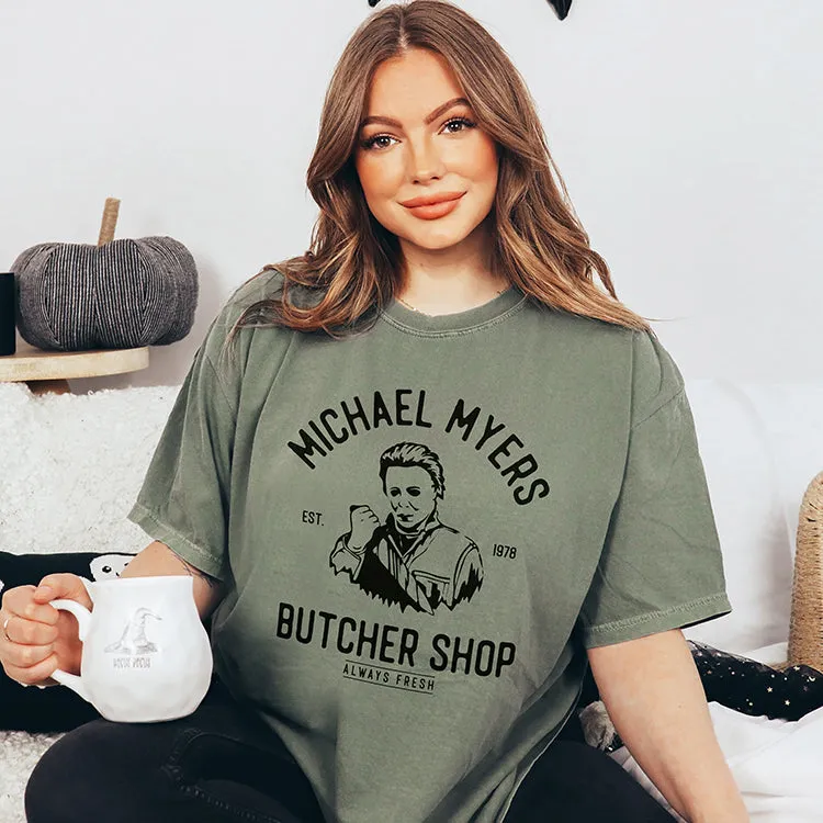 Michael Myers Butcher Shop Heavyweight Halloween Tee sold by Alley and Rae product image thumbnail 3