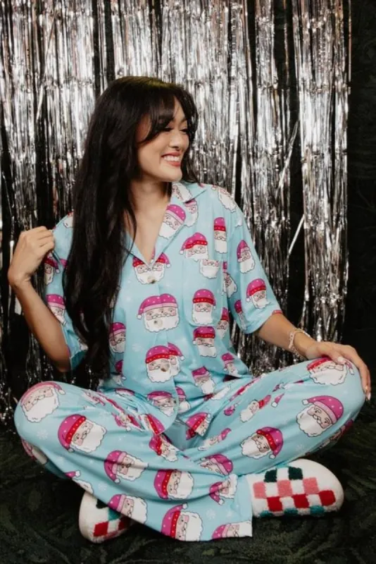 Pink Santa Hats Blue Matching Pajama Set sold by Alley and Rae