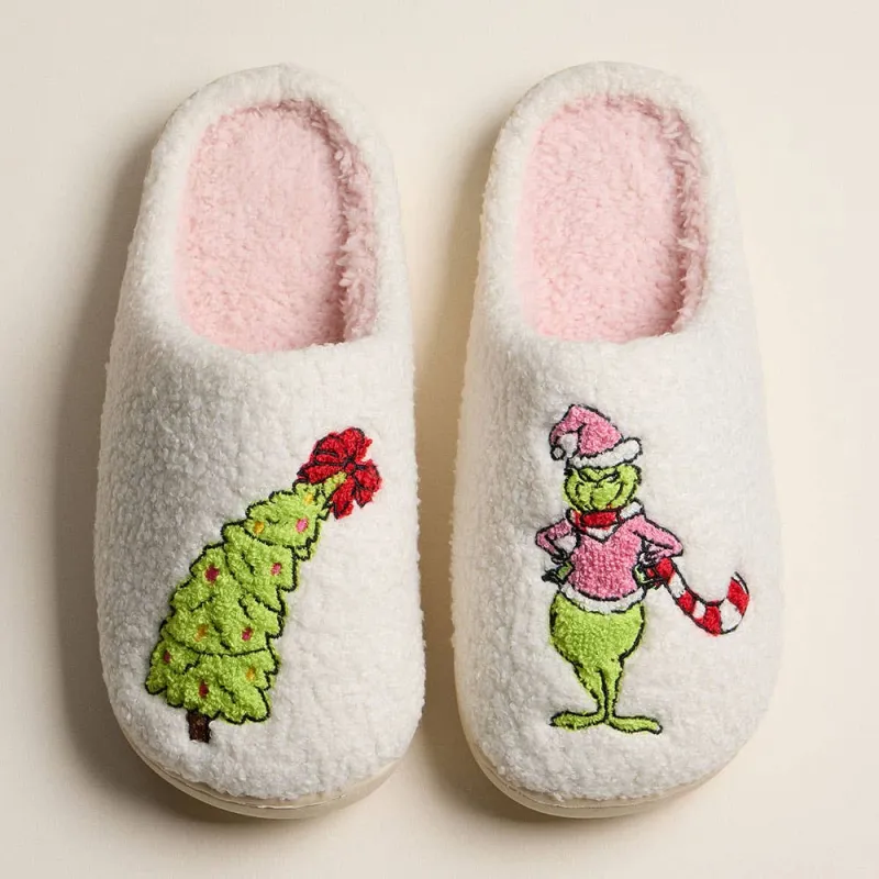 Grinch Christmas Tree Sherpa Slippers – Funny Holiday House Shoes sold by Alley and Rae