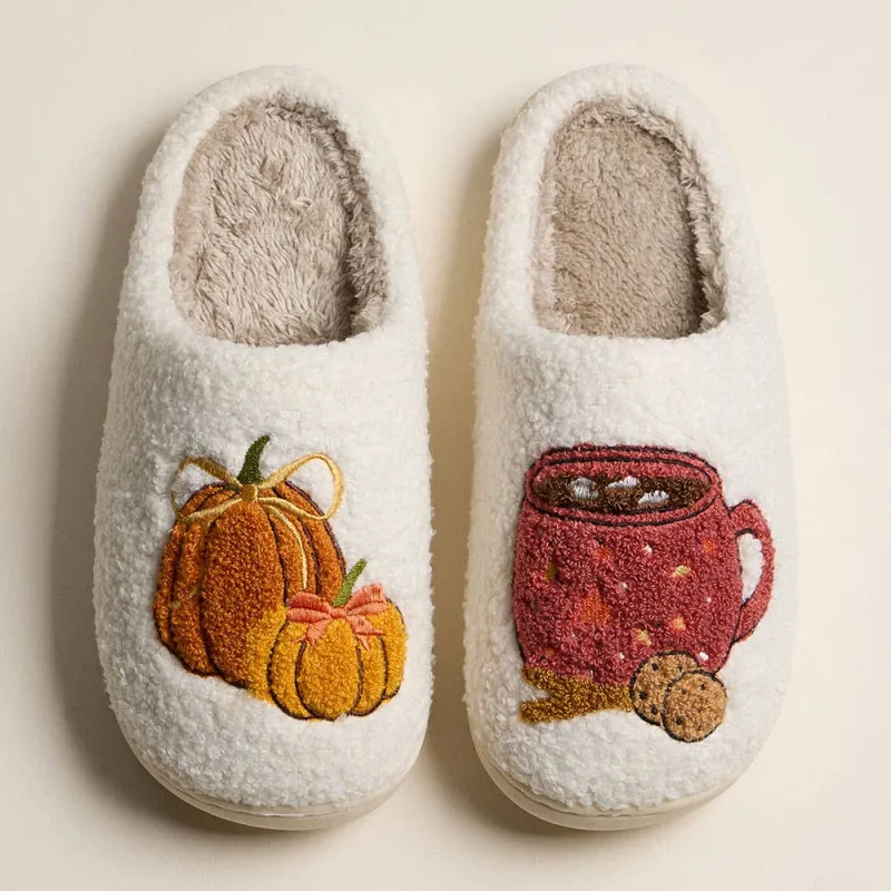 Pumpkin Spice Sherpa Slippers – Cozy Fall House Shoes for Women sold by Alley and Rae