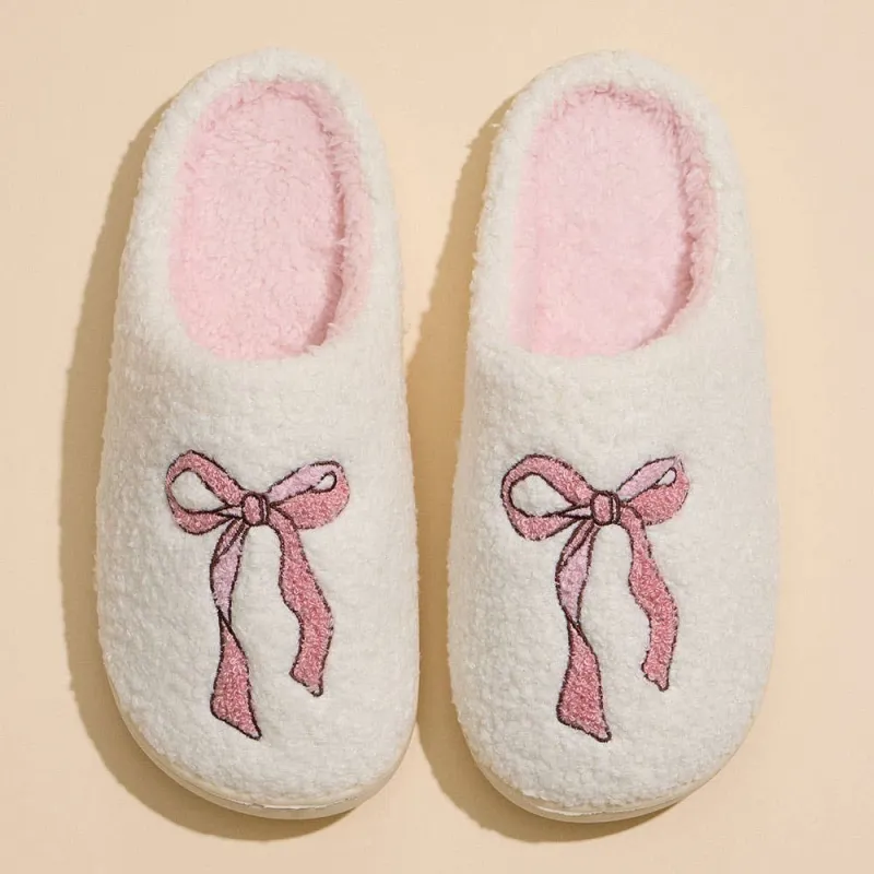 Pink Ribbon Sherpa Slippers – Fuzzy Balletcore House Shoes with Bow Detail sold by Alley and Rae