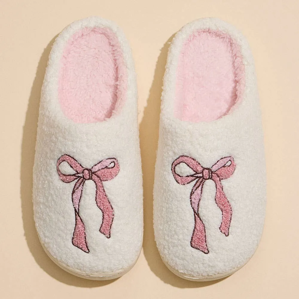 Pink Ribbon Sherpa Slippers – Fuzzy Balletcore House Shoes with Bow Detail sold by Alley and Rae