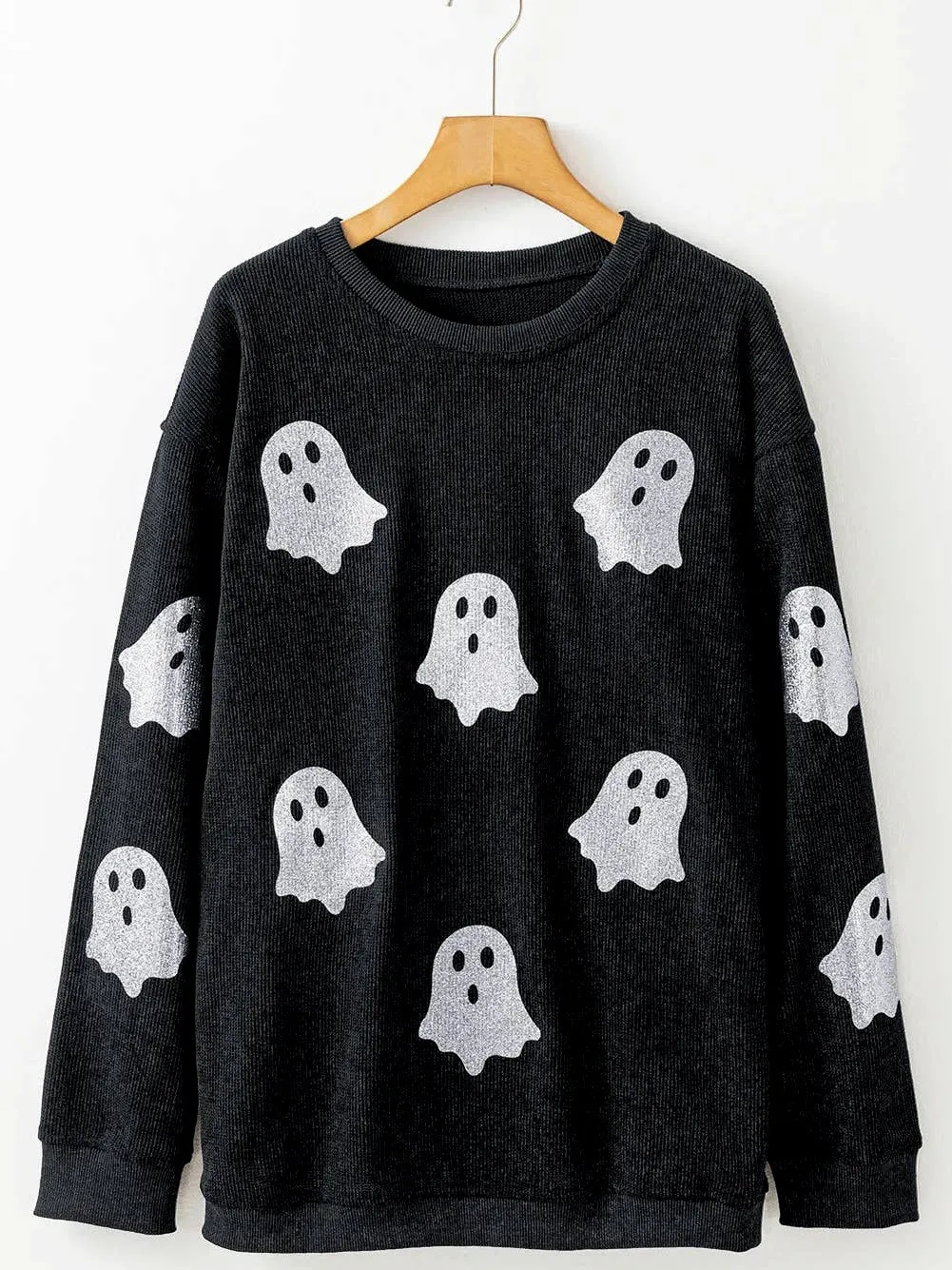 Black Ghost Corded Crew Sweatshirt – Cute Halloween Pullover for Women sold by Alley and Rae product image thumbnail 2
