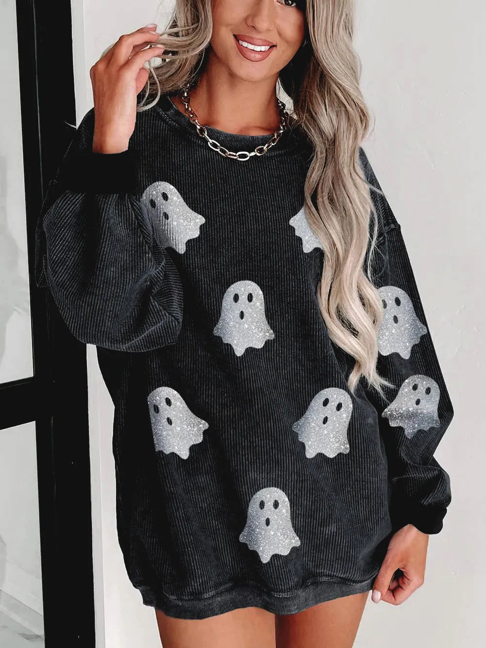 Black Ghost Corded Crew Sweatshirt – Cute Halloween Pullover for Women sold by Alley and Rae product image thumbnail 4