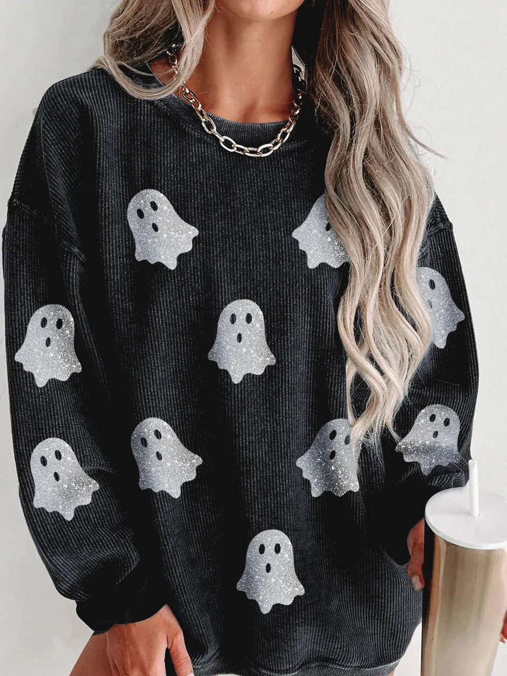 Black Ghost Corded Crew Sweatshirt – Cute Halloween Pullover for Women sold by Alley and Rae