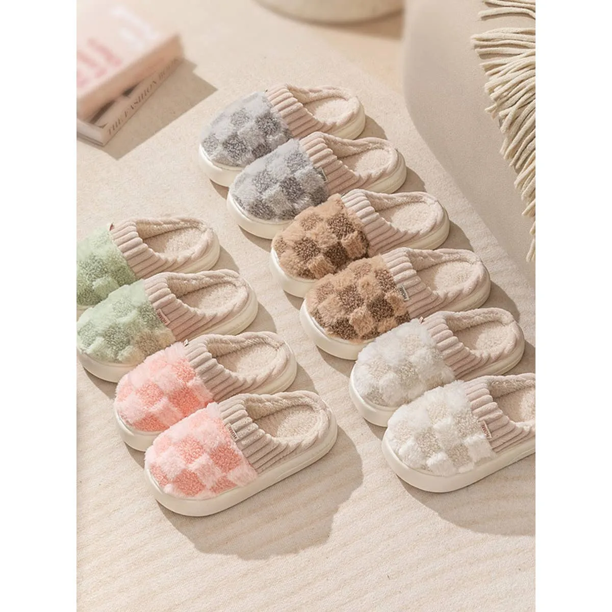 Beige Checkered Fuzzy Slippers – Cozy Indoor Slippers for Women sold by Alley and Rae product image thumbnail 2