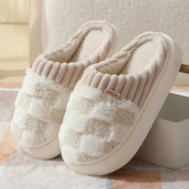 Beige Checkered Fuzzy Slippers – Cozy Indoor Slippers for Women sold by Alley and Rae