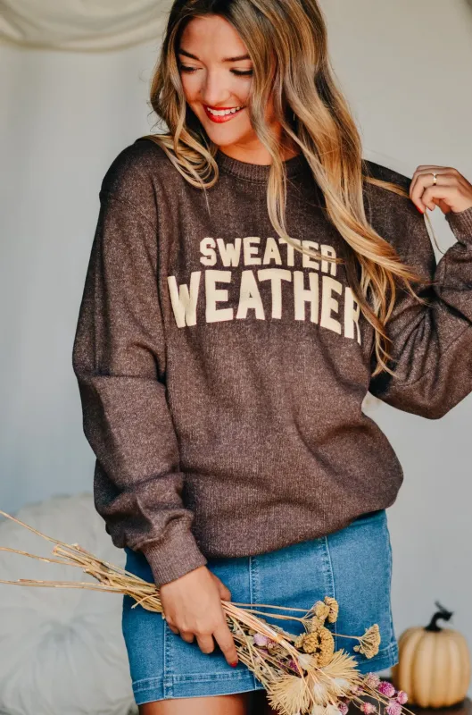 Sweater Weather Sweatshirt – Brown Knit Fall Crewneck for Women sold by Alley and Rae
