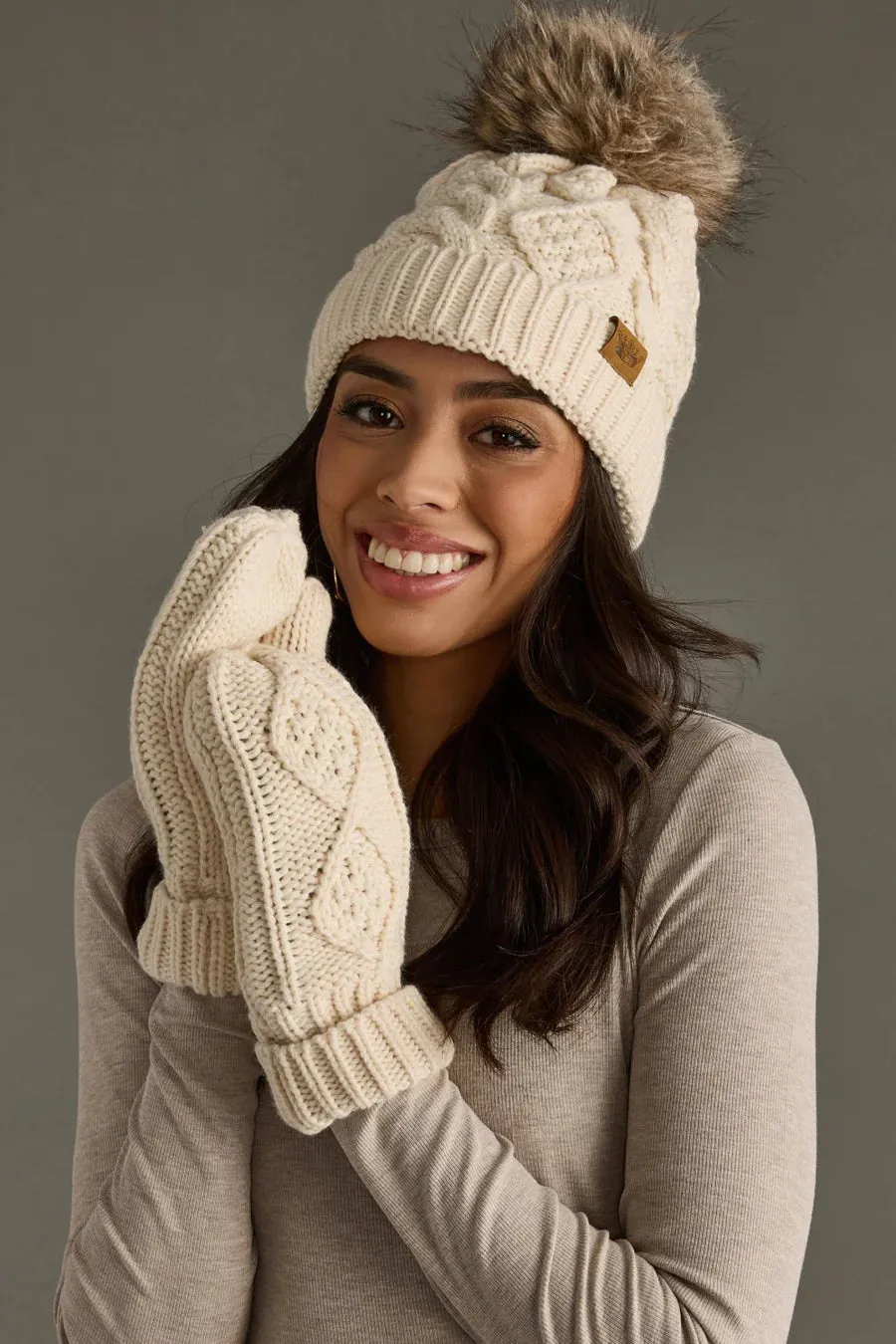 Beige Cable Knit Pom Beanie – Winter Hat with Faux Fur Pom | Holiday Gift sold by Alley and Rae product image thumbnail 4