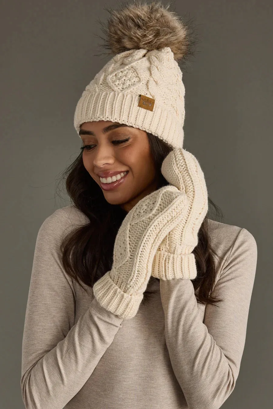 Beige Cable Knit Pom Beanie – Winter Hat with Faux Fur Pom | Holiday Gift sold by Alley and Rae product image thumbnail 3