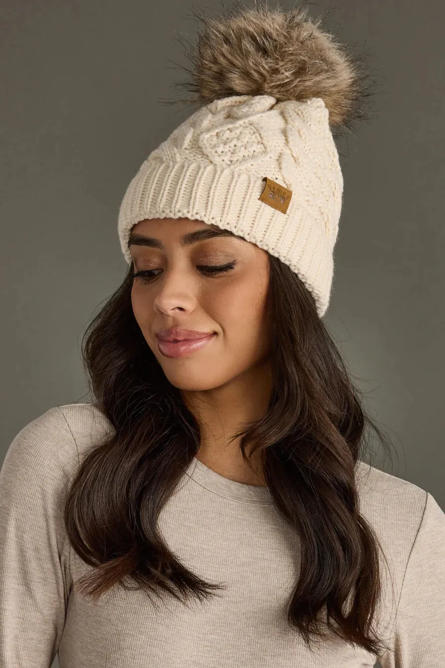 Beige Cable Knit Pom Beanie – Winter Hat with Faux Fur Pom | Holiday Gift sold by Alley and Rae product image thumbnail 2
