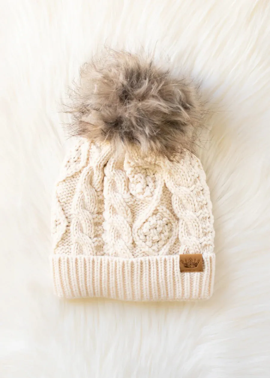 Beige Cable Knit Pom Beanie – Winter Hat with Faux Fur Pom | Holiday Gift sold by Alley and Rae product image thumbnail 5