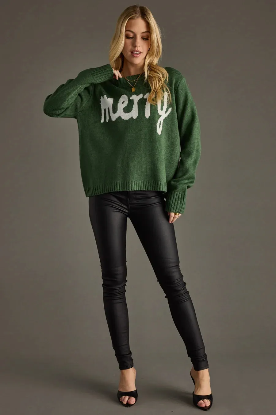 Merry Sweater – Hunter Green Knit Pullover | Christmas Holiday Outfit sold by Alley and Rae product image thumbnail 2