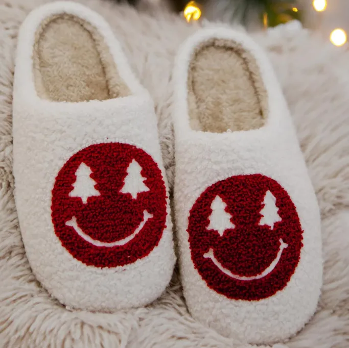 Red Christmas Tree Eyes Happy Face House Slippers sold by Alley and Rae