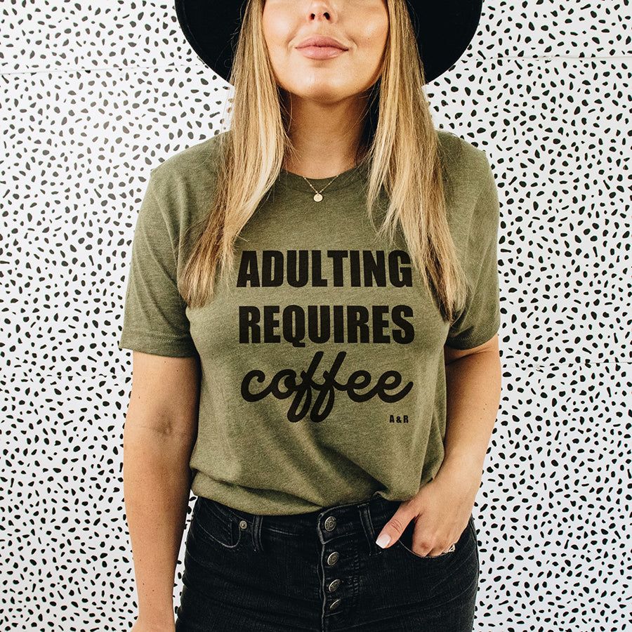 Adulting Requires Coffee Graphic Tee (Wholesale) sold by Ally and Rae