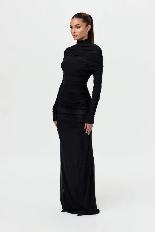 Mesh Draped Mock Neck Long Sleeve Maxi Dress sold by Naked Wardrobe
