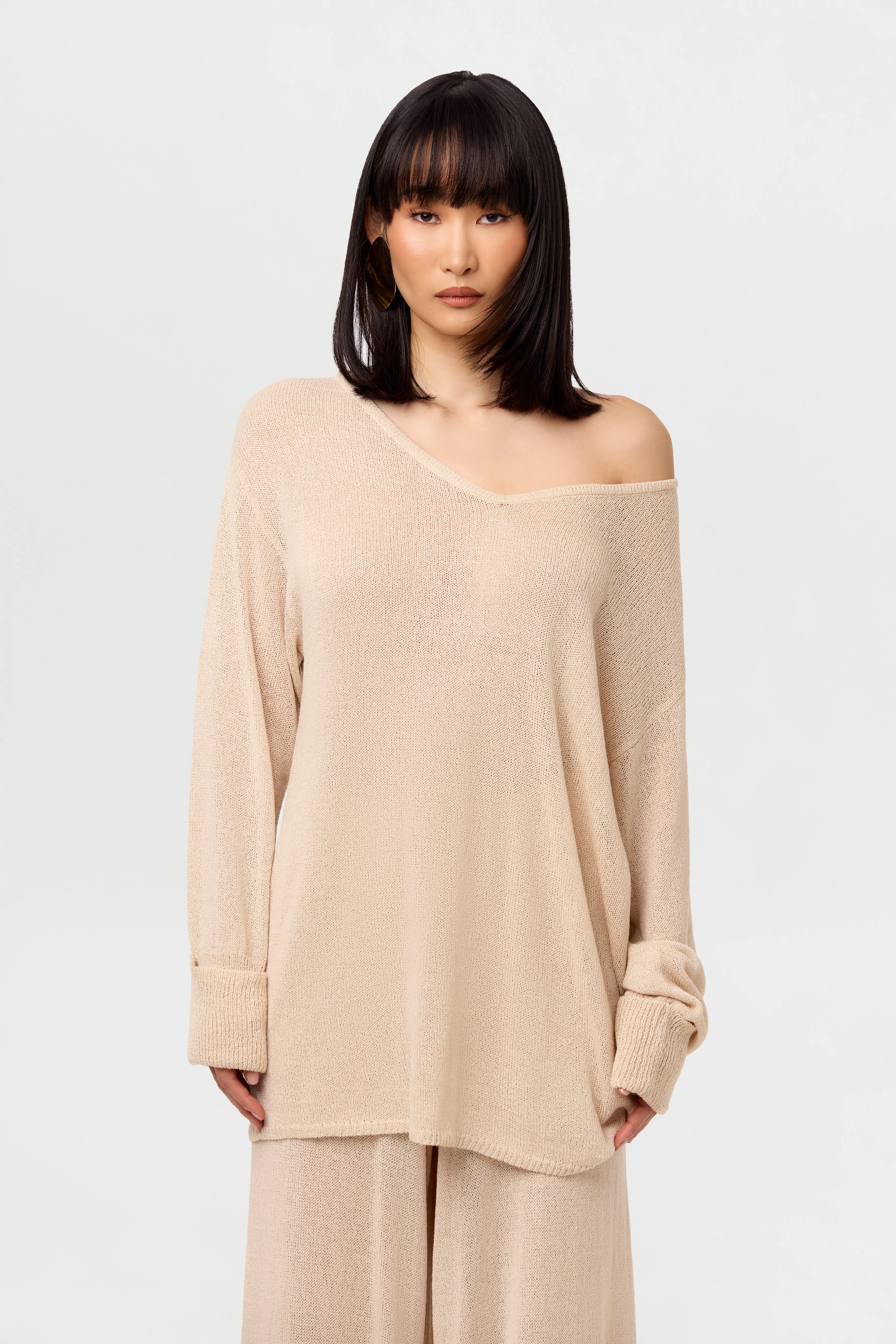 Knit V-Neck Off-Shoulder Tunic Top sold by Naked Wardrobe