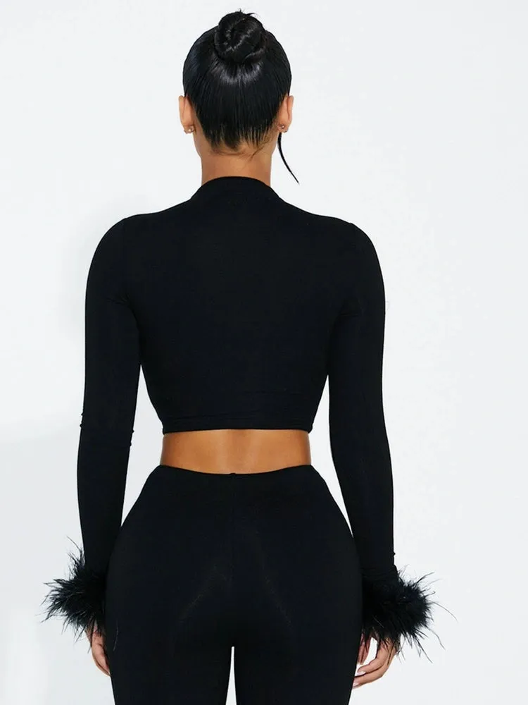 Butter Long SLeeve Micro Crop Top w/ Feather sold by Naked Wardrobe product image thumbnail 4