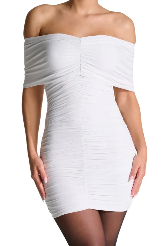 HOURGLASS OFF SHOULDER RUCHED MINI DRESS sold by Naked Wardrobe