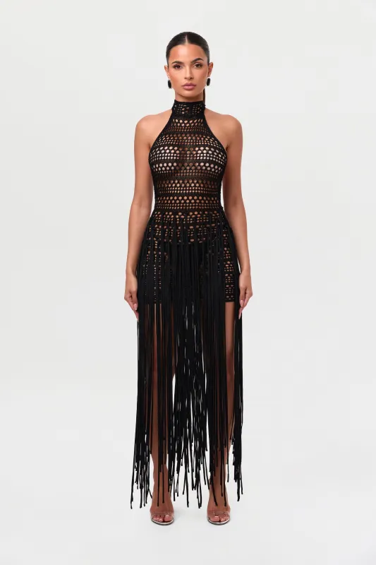 Crochet Halter Fringe Dress sold by Naked Wardrobe