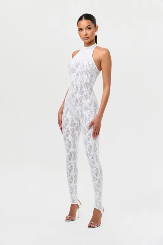 Stretch Lace Racer Stirrup Jumpsuit sold by Naked Wardrobe