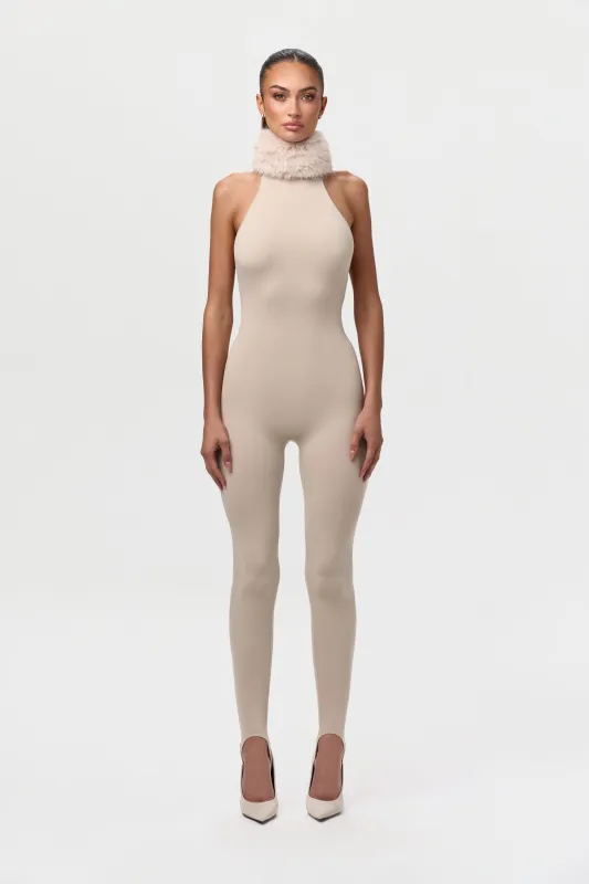 Naked Stirrup Jumpsuit with Fur Collar sold by Naked Wardrobe