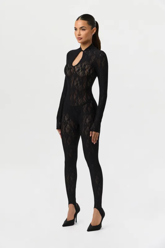 Stretch Lace Keyhole Stirrup Jumpsuit sold by Naked Wardrobe