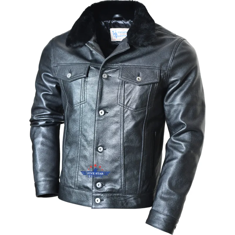 Five Star Leather Men’s Black Trucker Goat Hide Black Jacket with Mouton Fur Collar sold by Five Star Leather
