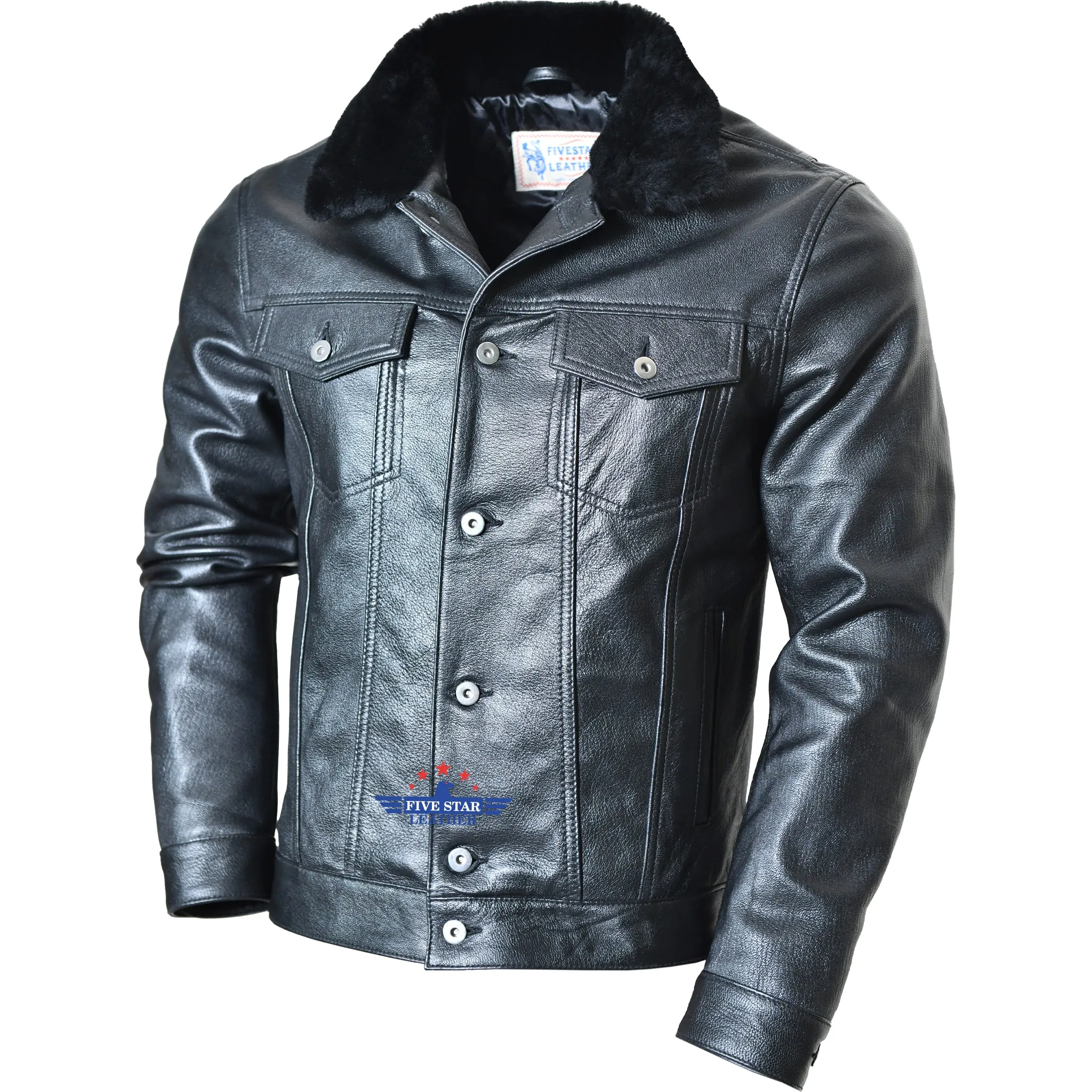 Five Star Leather Men’s Black Trucker Goat Hide Black Jacket with Mouton Fur Collar sold by Five Star Leather