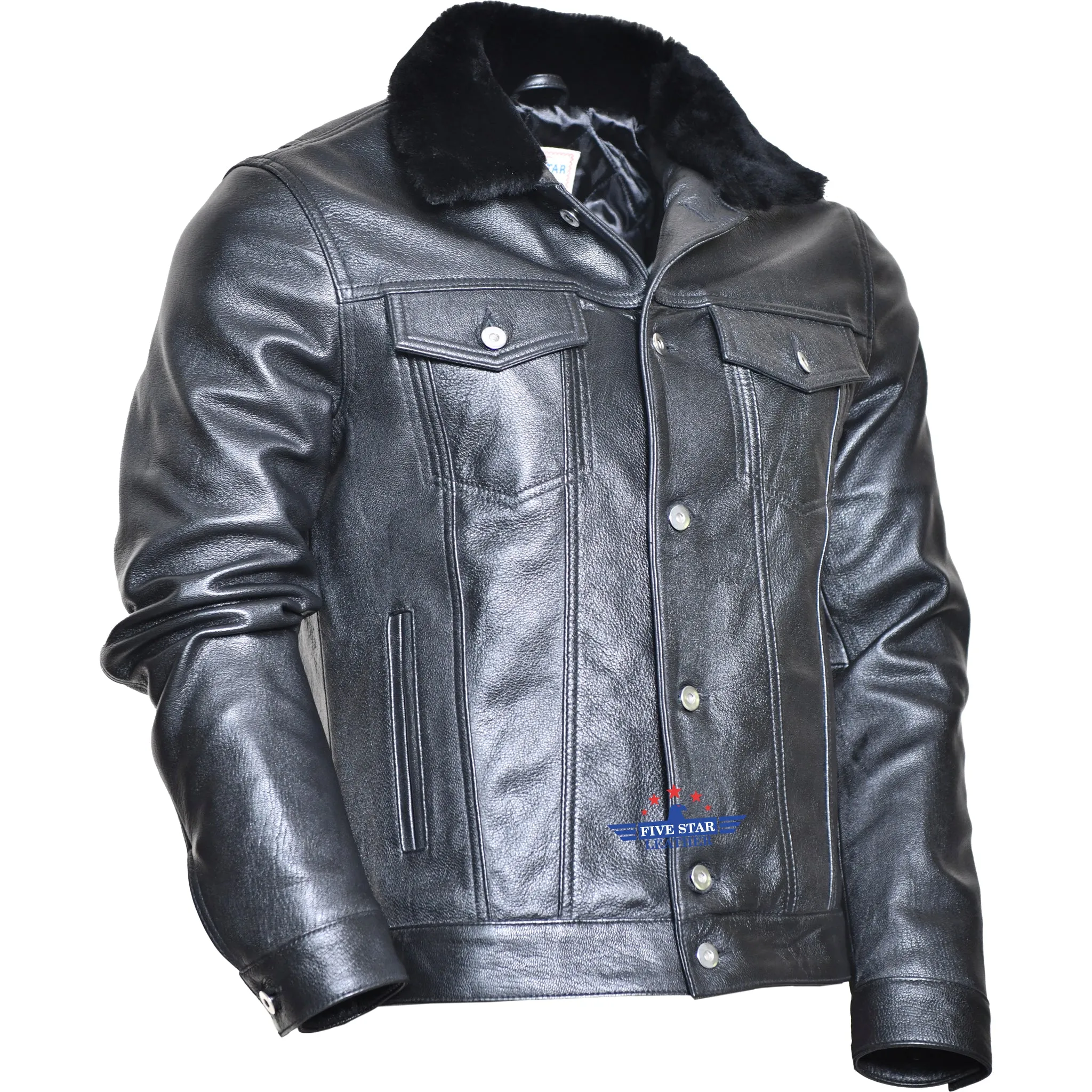 Five Star Leather Men’s Black Trucker Goat Hide Black Jacket with Mouton Fur Collar sold by Five Star Leather product image thumbnail 5