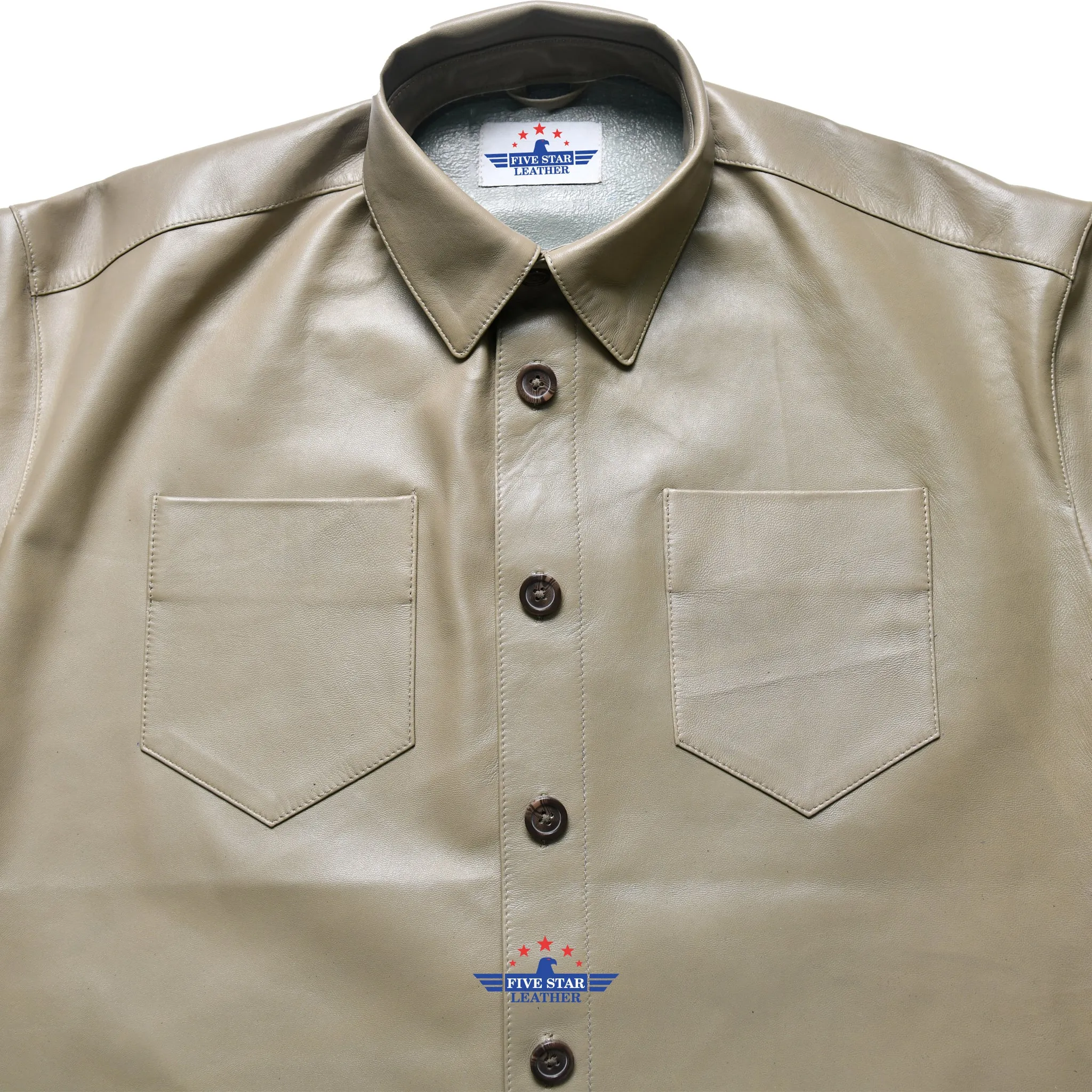 Five Star Leather Men’s Khaki Shirt Long Sleeve Handmade Overshirt sold by Five Star Leather product image thumbnail 5