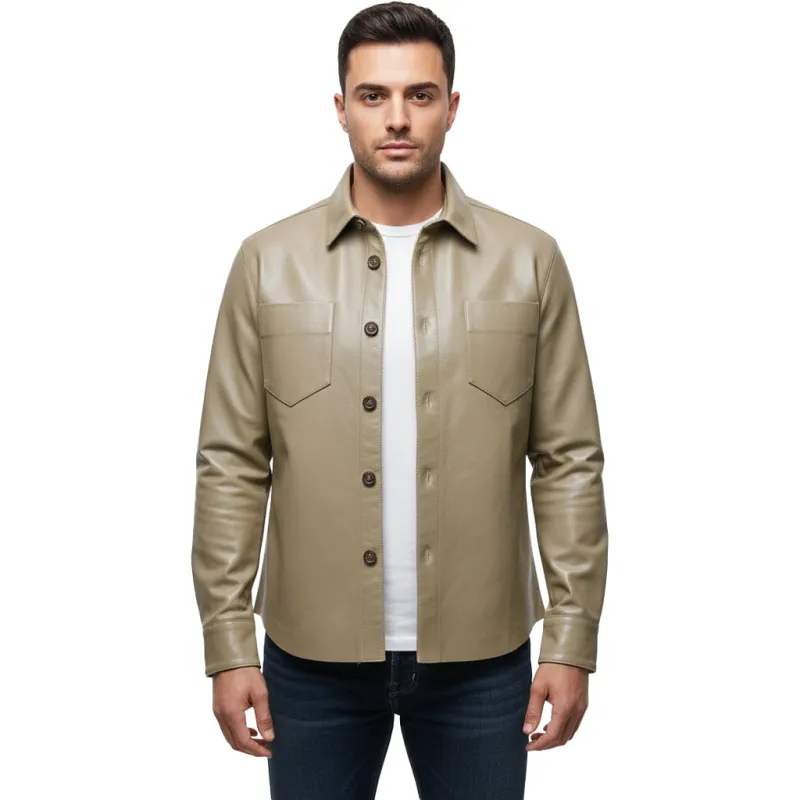 Five Star Leather Men’s Khaki Shirt Long Sleeve Handmade Overshirt made by Five Star Leather