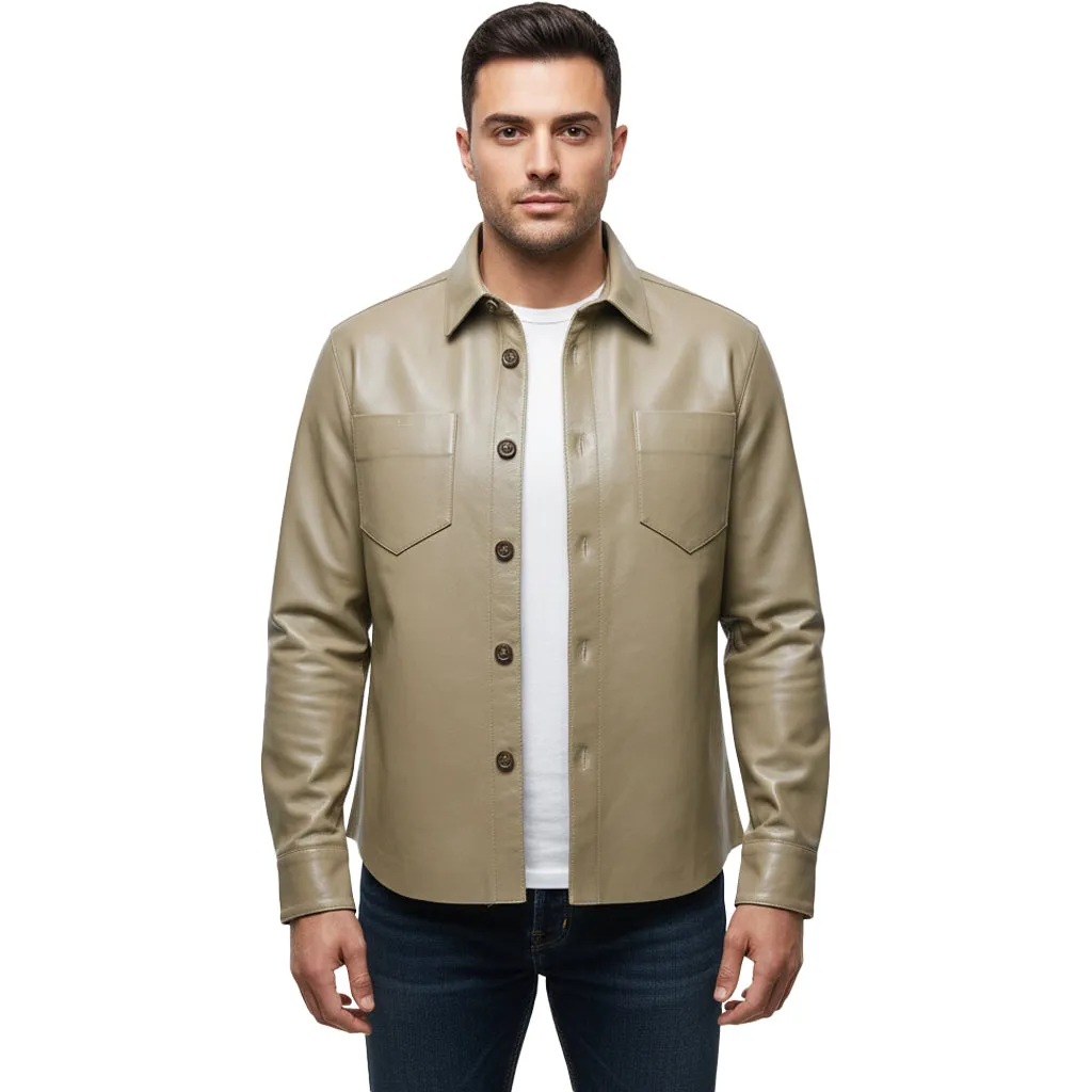 Five Star Leather Men’s Khaki Shirt Long Sleeve Handmade Overshirt sold by Five Star Leather