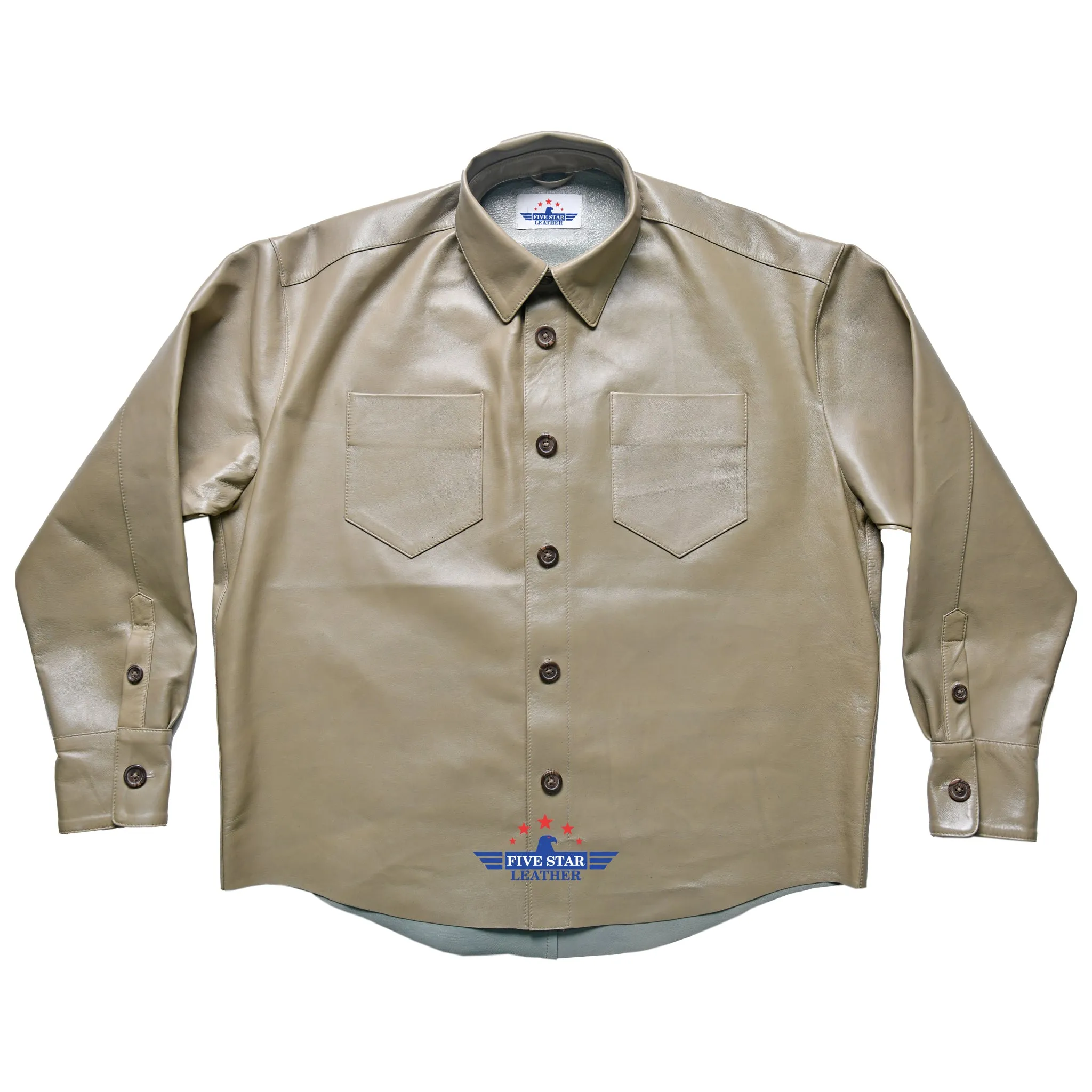 Five Star Leather Men’s Khaki Shirt Long Sleeve Handmade Overshirt sold by Five Star Leather product image thumbnail 2