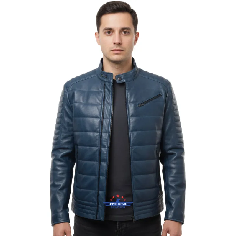 Men’s Quilted Leather Jacket Slim Fit Style Zipper Pockets made by Five Star Leather