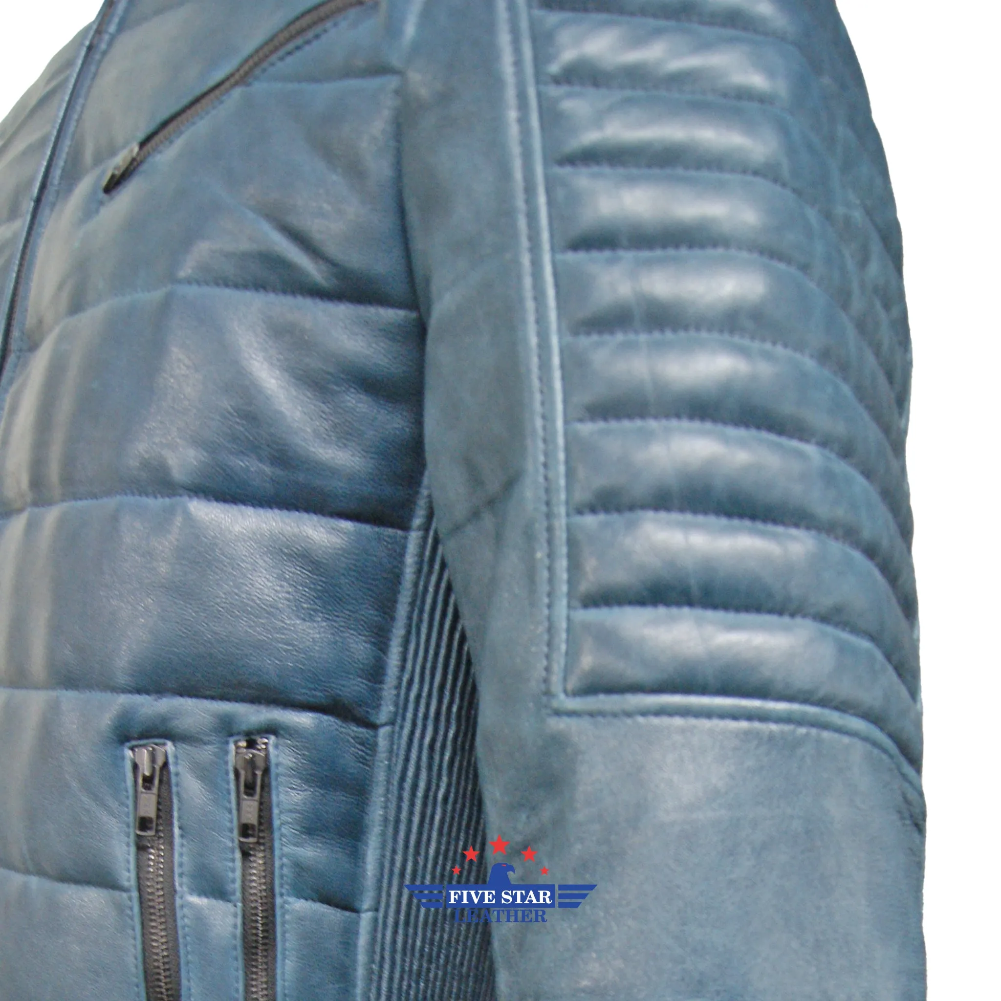 Men’s Quilted Leather Jacket Slim Fit Style Zipper Pockets sold by Five Star Leather product image thumbnail 5