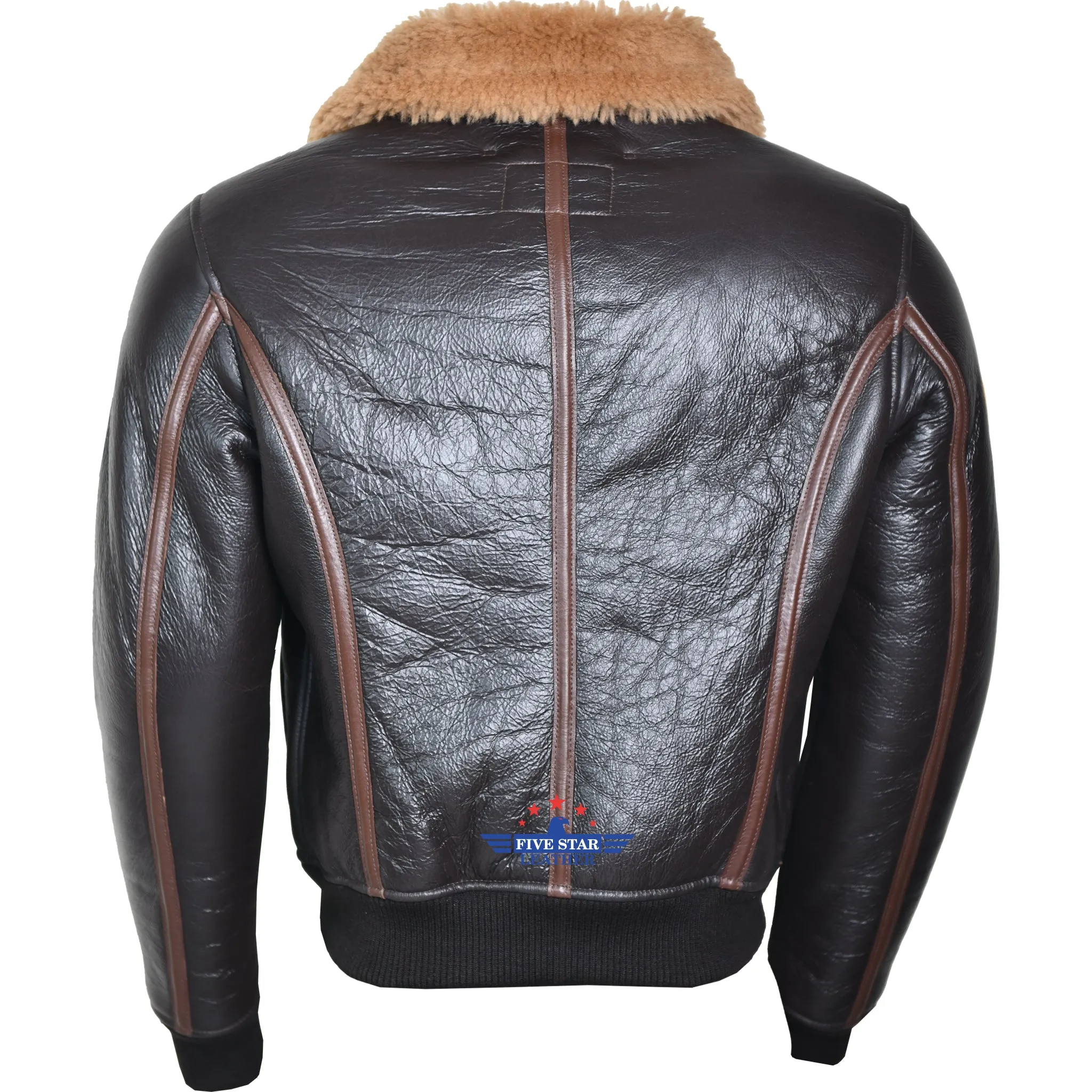 Five Star Leather Men Sheepskin Aviator Bomber Jacket Seal Brown sold by Five Star Leather product image thumbnail 3
